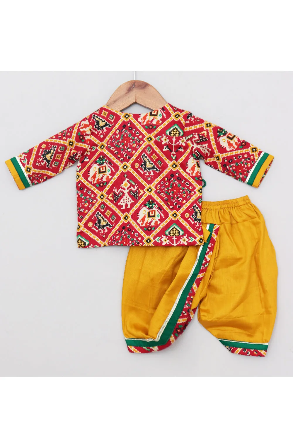 Mustard Yellow And Red Krishna Embroidered Cotton Jamna Set