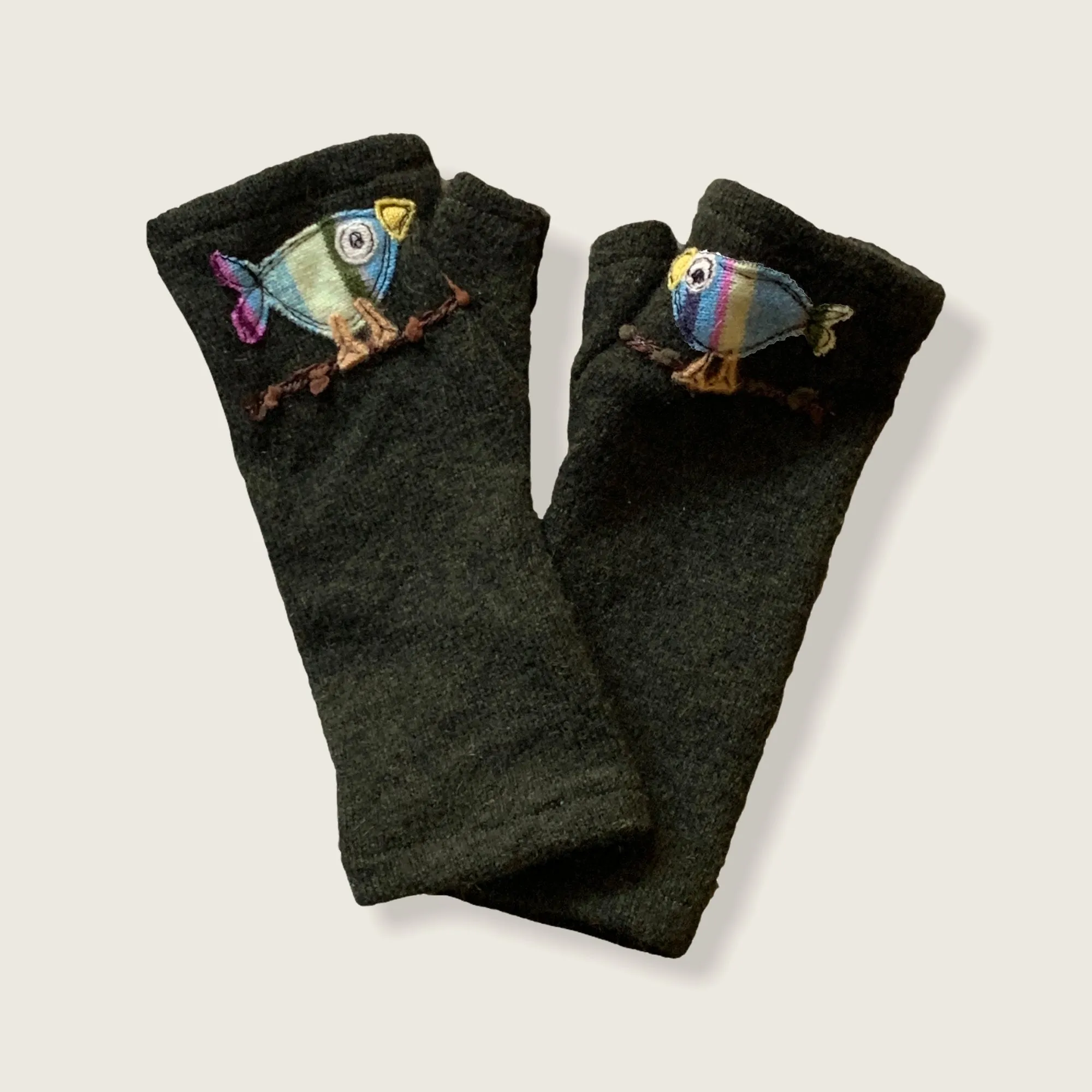 NEW! Fingerless Cashmere Gloves with Cute Bird by Sardine Clothing Co.