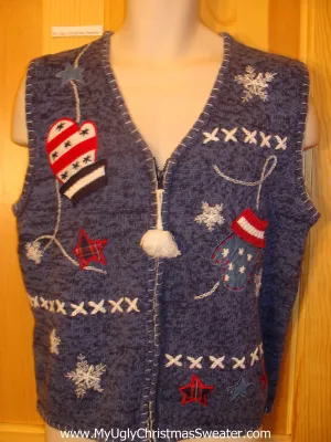 Patriotic Ugly Christmas Sweater Vest with Stars and Stripes Mittens