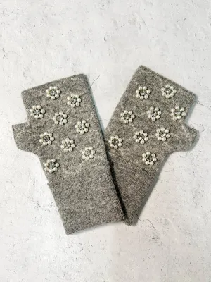 Pearl & Bead Flowers Fingerless Mittens, Light Grey