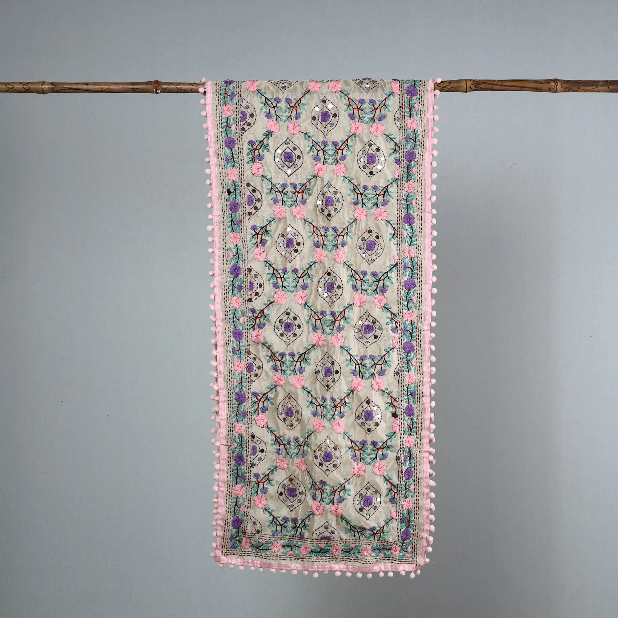 Pink - Ranihati Chanderi Silk Phulkari Embroidered Stole 67