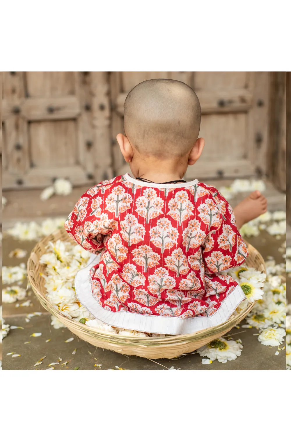 Red Floral Handblock Printed Cotton Jamna Set For Girls