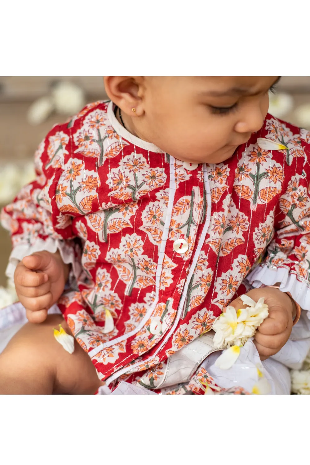 Red Floral Handblock Printed Cotton Jamna Set For Girls