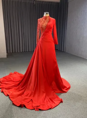 Red Satin Sequins Long Sleeve Prom Dress