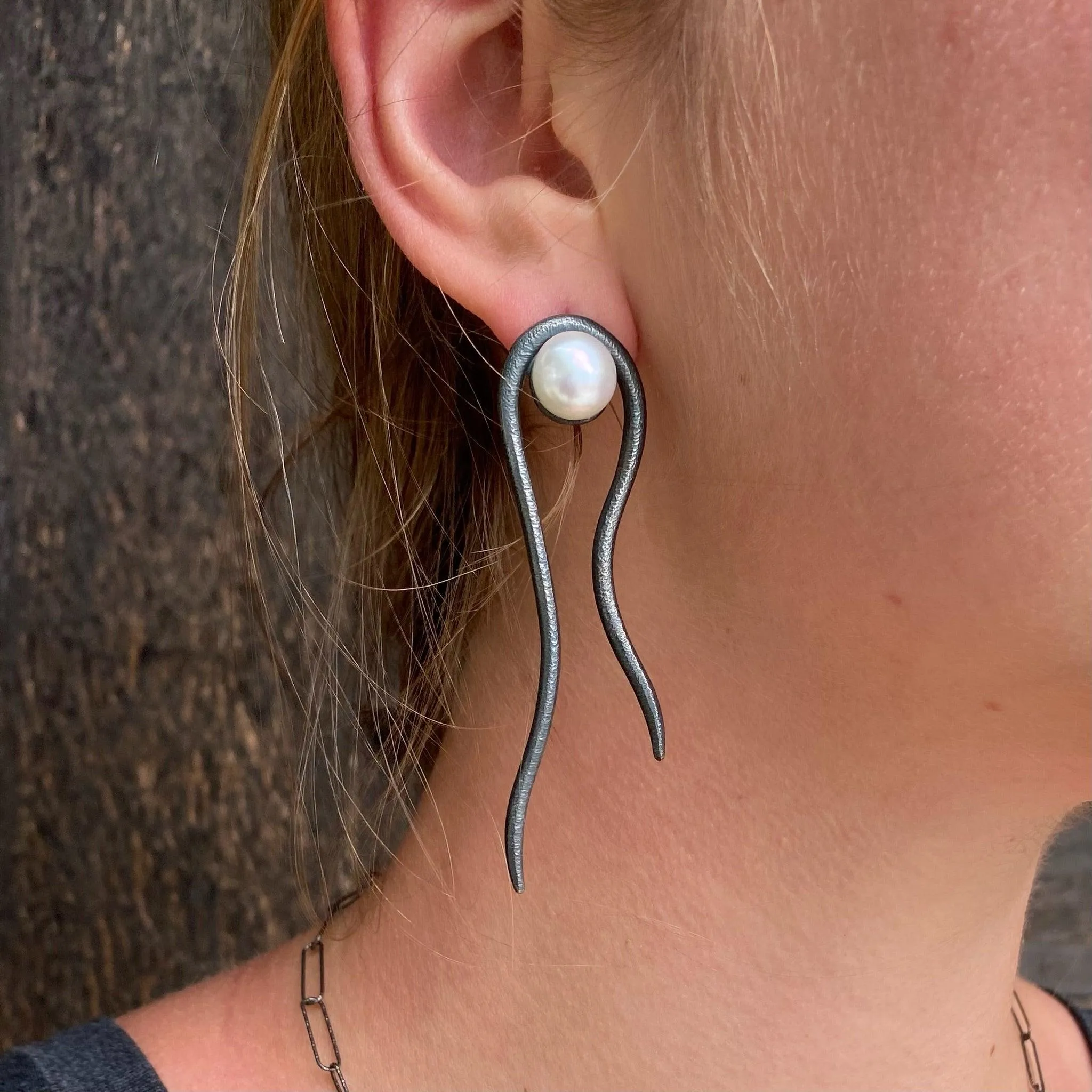 SALE! Designer Elegant Black Oxidized Silver and Pearl Earrings