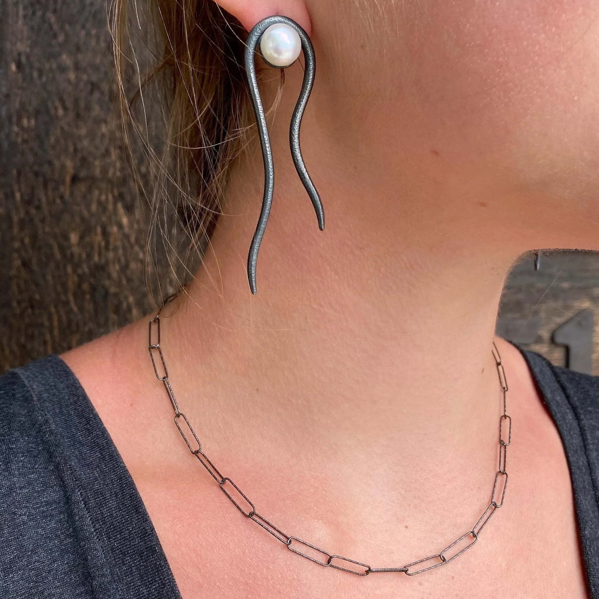 SALE! Designer Elegant Black Oxidized Silver and Pearl Earrings