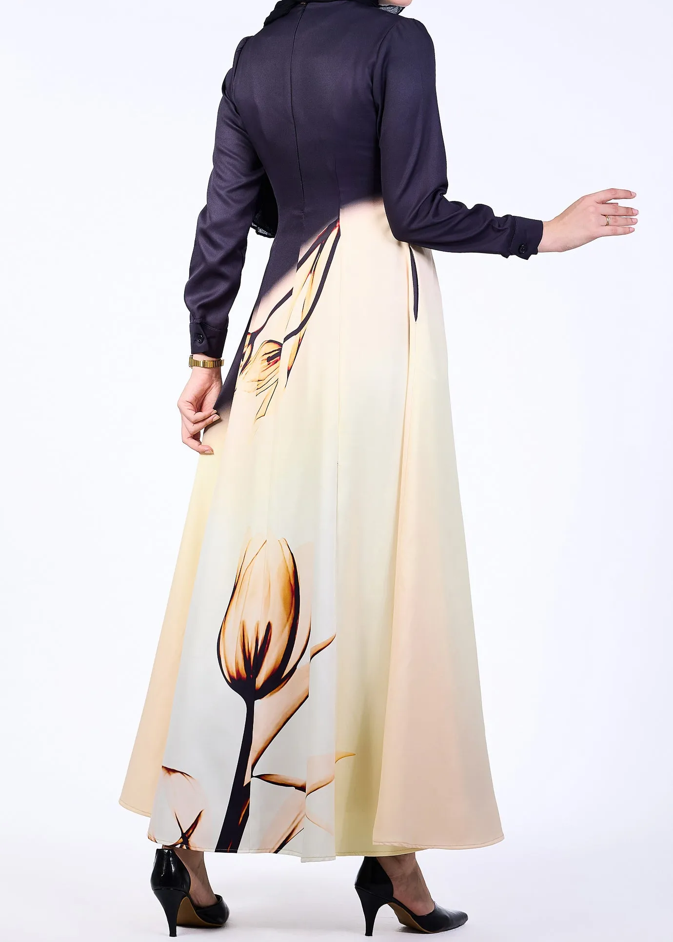 Sireen Elegance Satin Maxi Dress with Floral Gradient