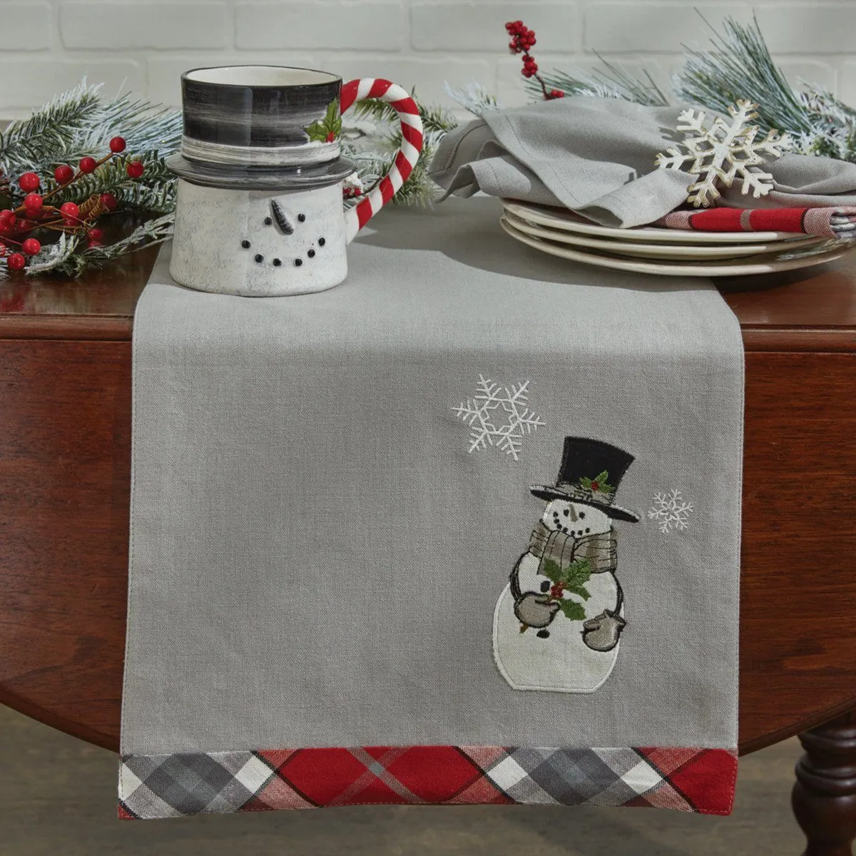 Sketchbook Snowman and Holly Table Runner 36"