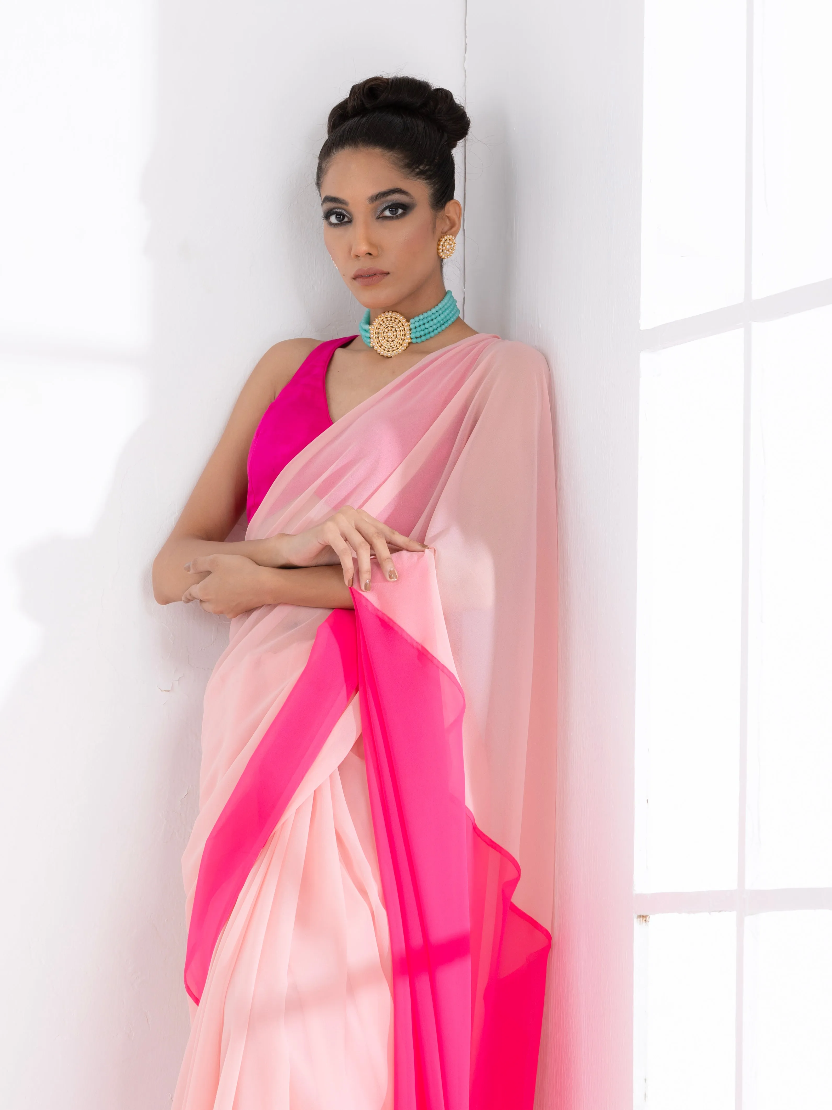 Sundown Blush & Pink Triangle Georgette Saree with Fuchsia Blouse Fabric