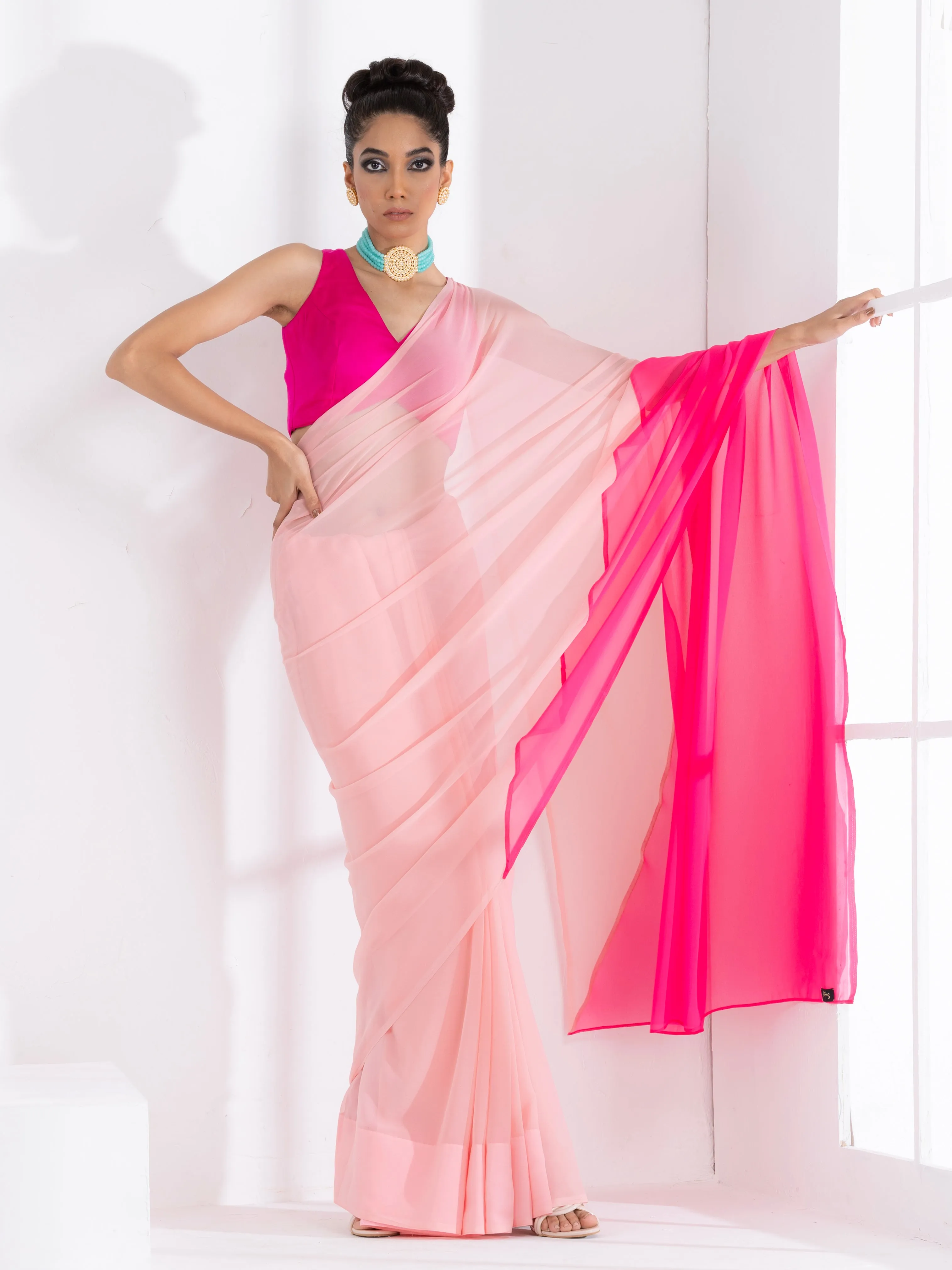 Sundown Blush & Pink Triangle Georgette Saree with Fuchsia Blouse Fabric