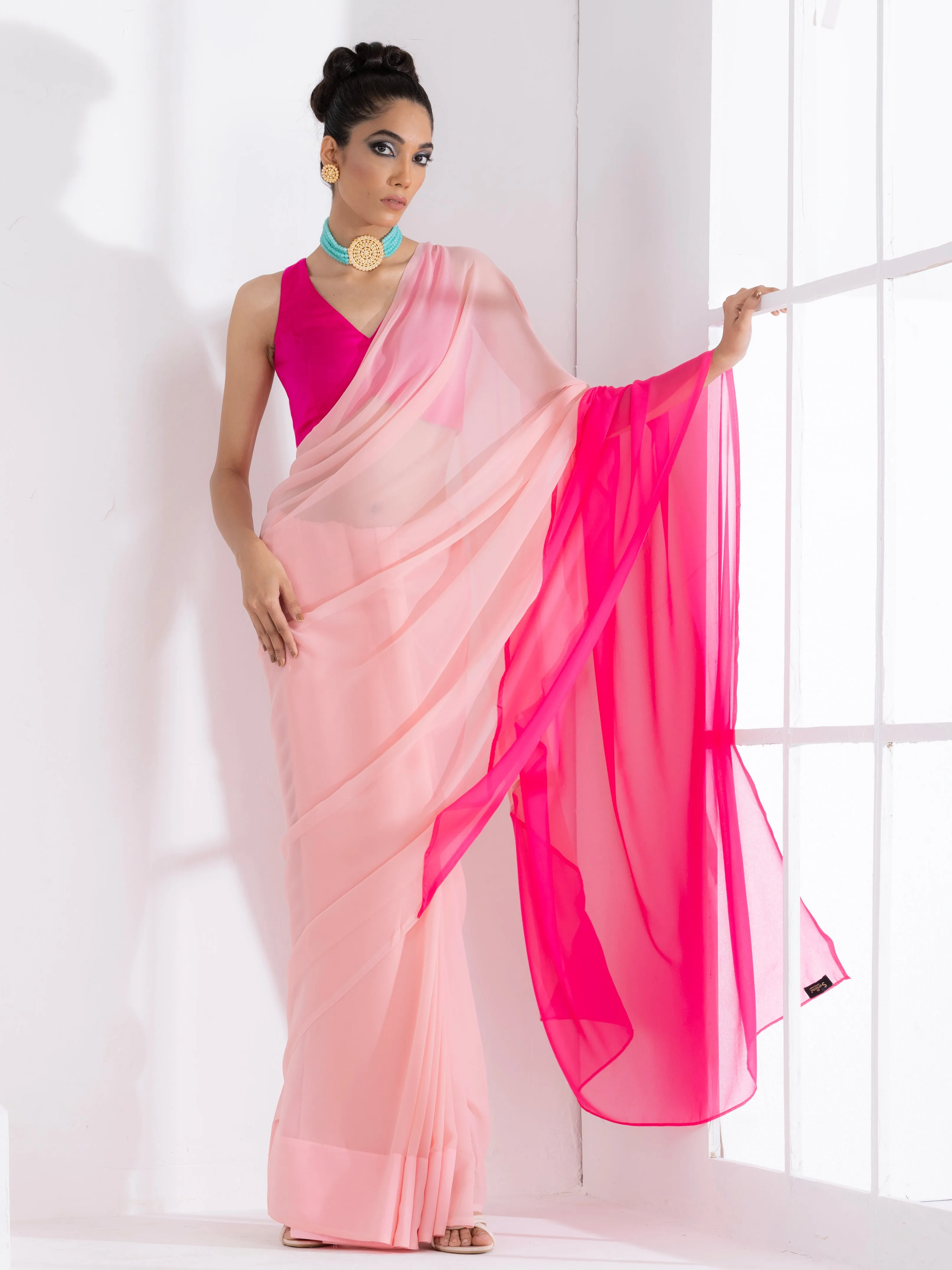 Sundown Blush & Pink Triangle Georgette Saree with Fuchsia Blouse Fabric