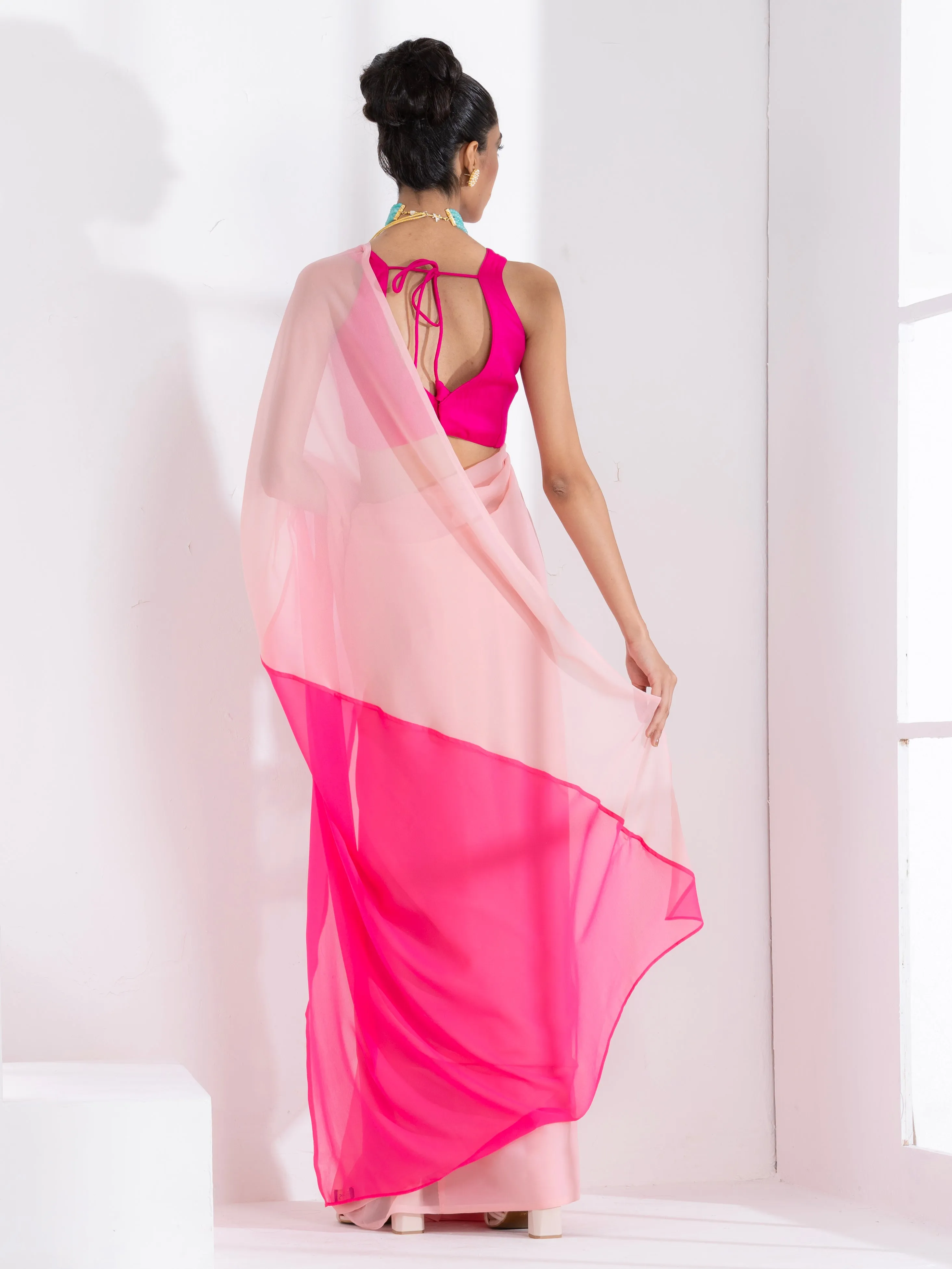 Sundown Blush & Pink Triangle Georgette Saree with Fuchsia Blouse Fabric