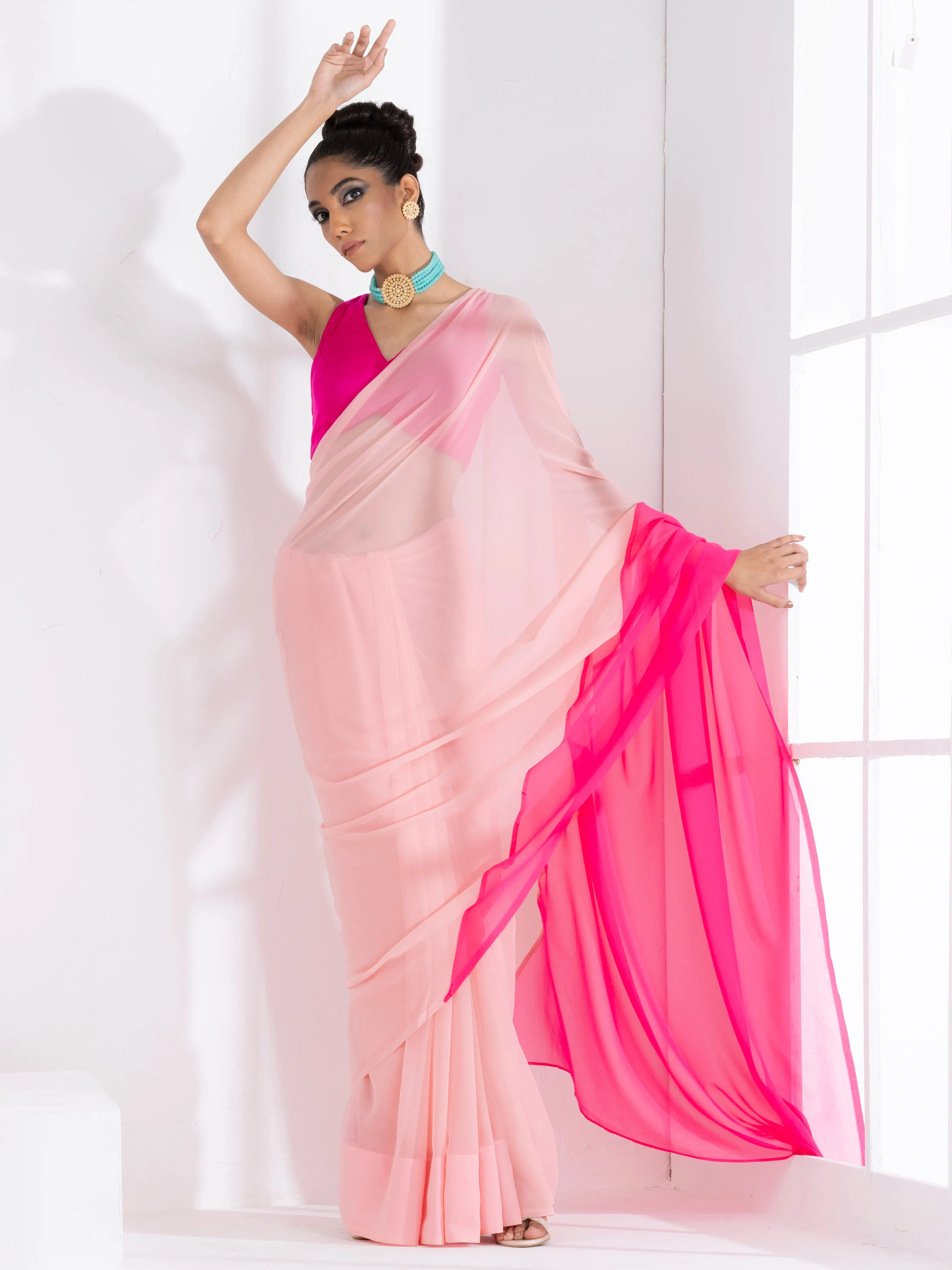 Sundown Blush & Pink Triangle Georgette Saree with Fuchsia Blouse Fabric