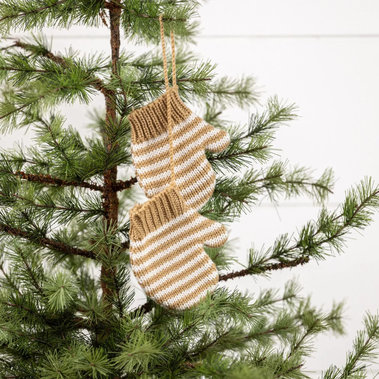 Tan and White Striped Mitten Ornament 4"