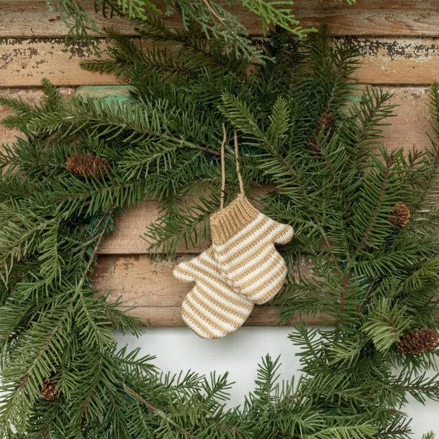 Tan and White Striped Mitten Ornament 4"