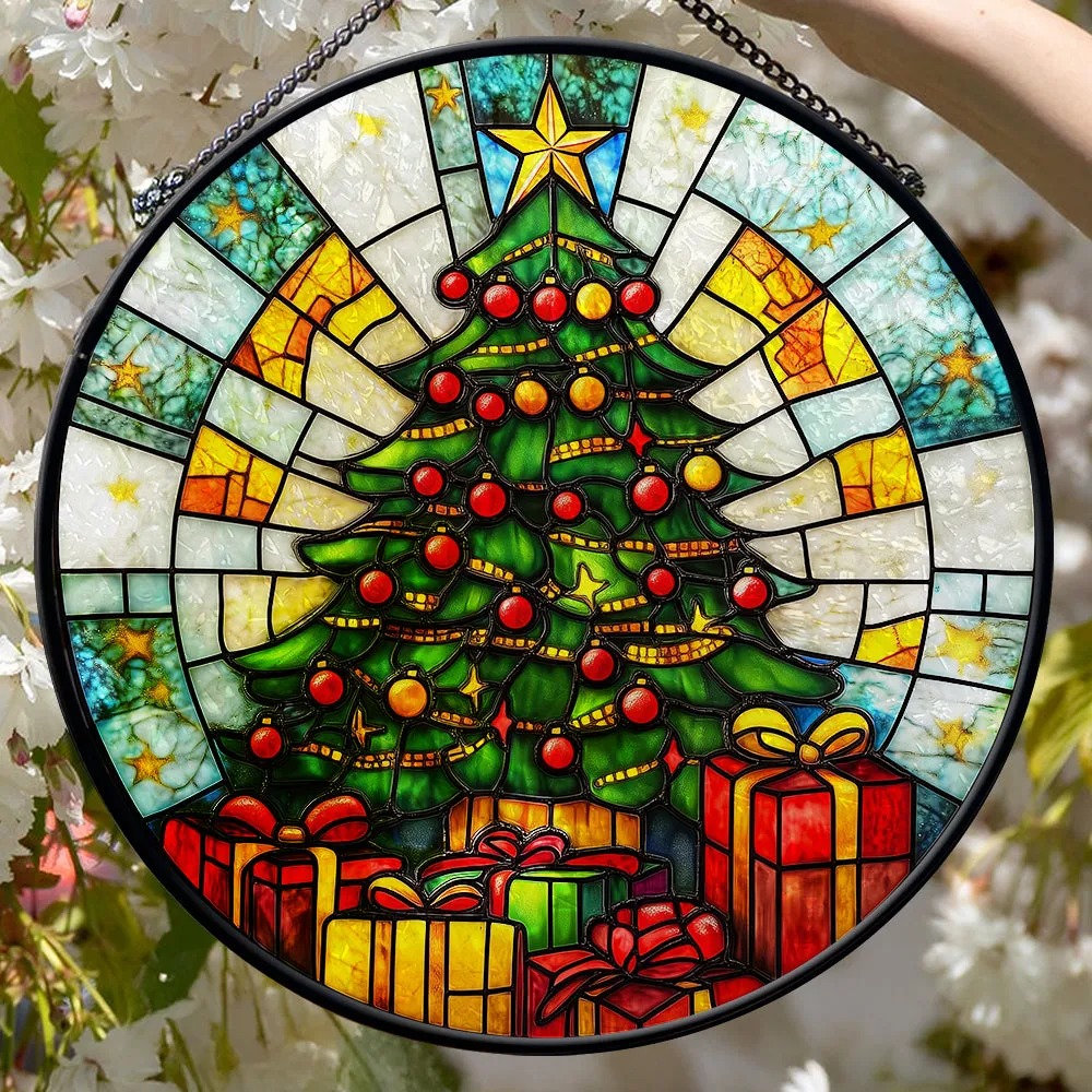 Teesdily | Christmas Holy Berry Window Hanging, Christmas Tree Round Stained Glass Wall Decor, Christmas Suncatcher Christmas Gift