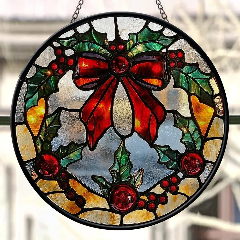 Teesdily | Christmas Holy Berry Window Hanging, Christmas Tree Round Stained Glass Wall Decor, Christmas Suncatcher Christmas Gift