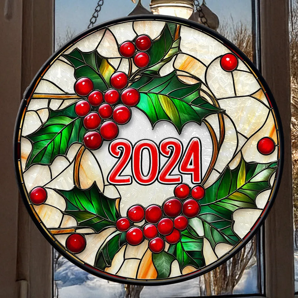 Teesdily | Christmas Holy Berry Window Hanging, Christmas Tree Round Stained Glass Wall Decor, Christmas Suncatcher Christmas Gift