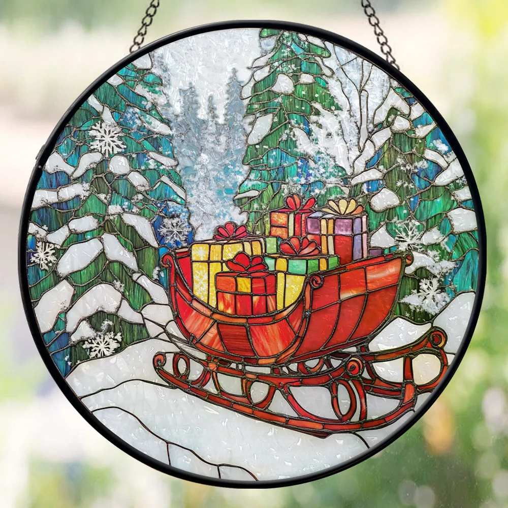 Teesdily | Christmas Holy Berry Window Hanging, Christmas Tree Round Stained Glass Wall Decor, Christmas Suncatcher Christmas Gift