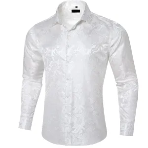 Ties2you Button Down Shirt Pure White Paisley Long Sleeve Dress Shirts for Men