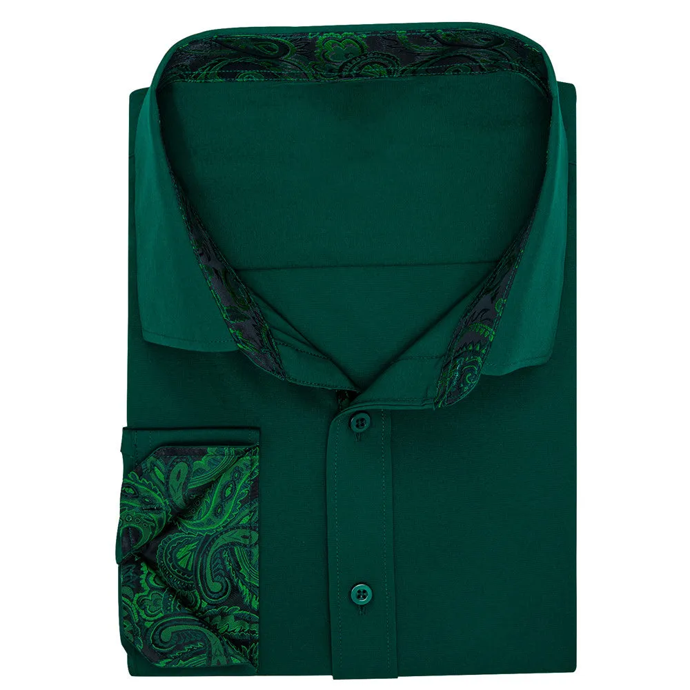 Ties2you Phthalo Green Long Sleeve Collar Shirt Solid Paisley Splicing Mens Dress Shirt