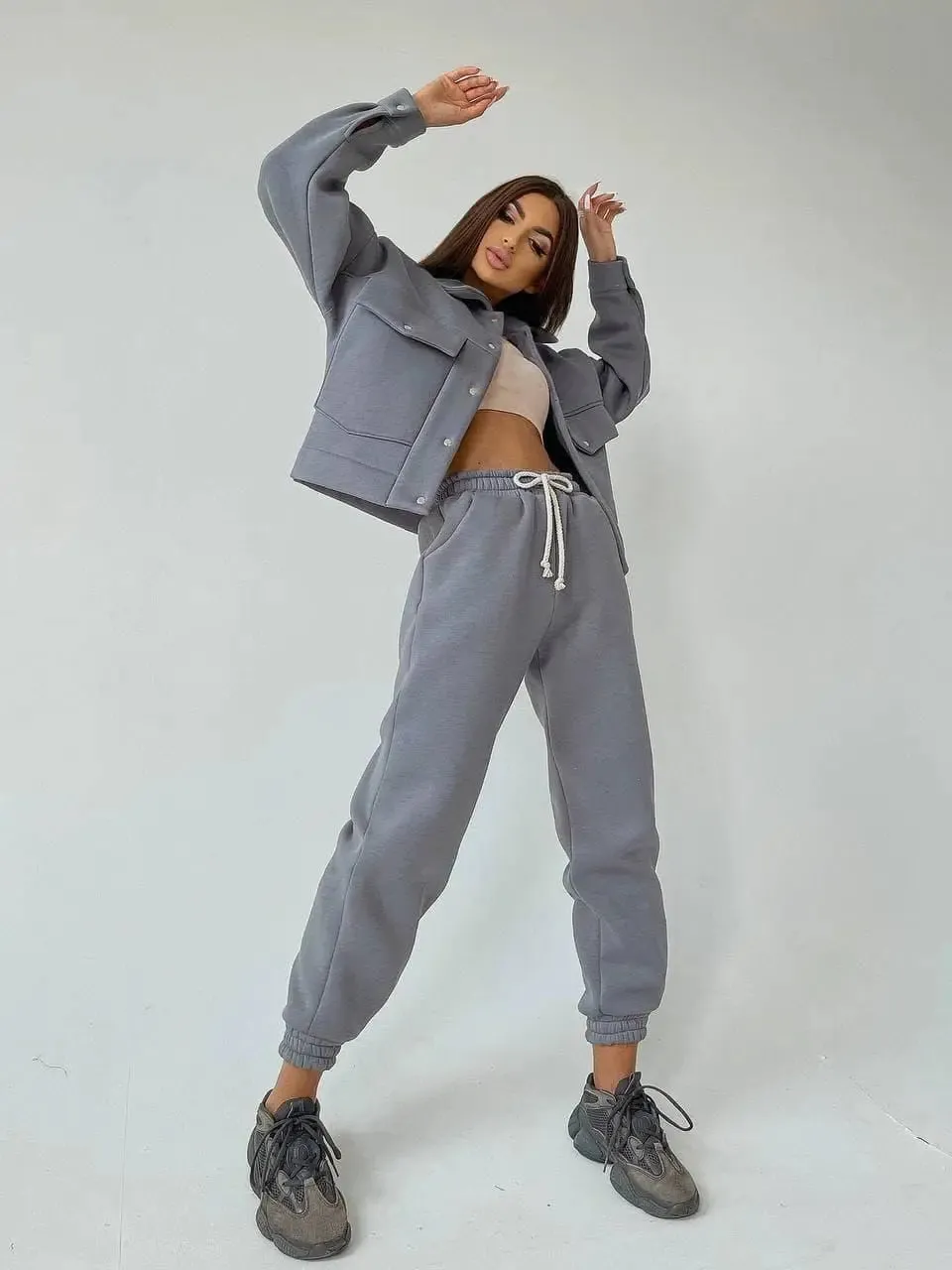 Trendy Warm Fleece Suit, Stylish Button Down Bomber Jacket and Comfortable Joggers