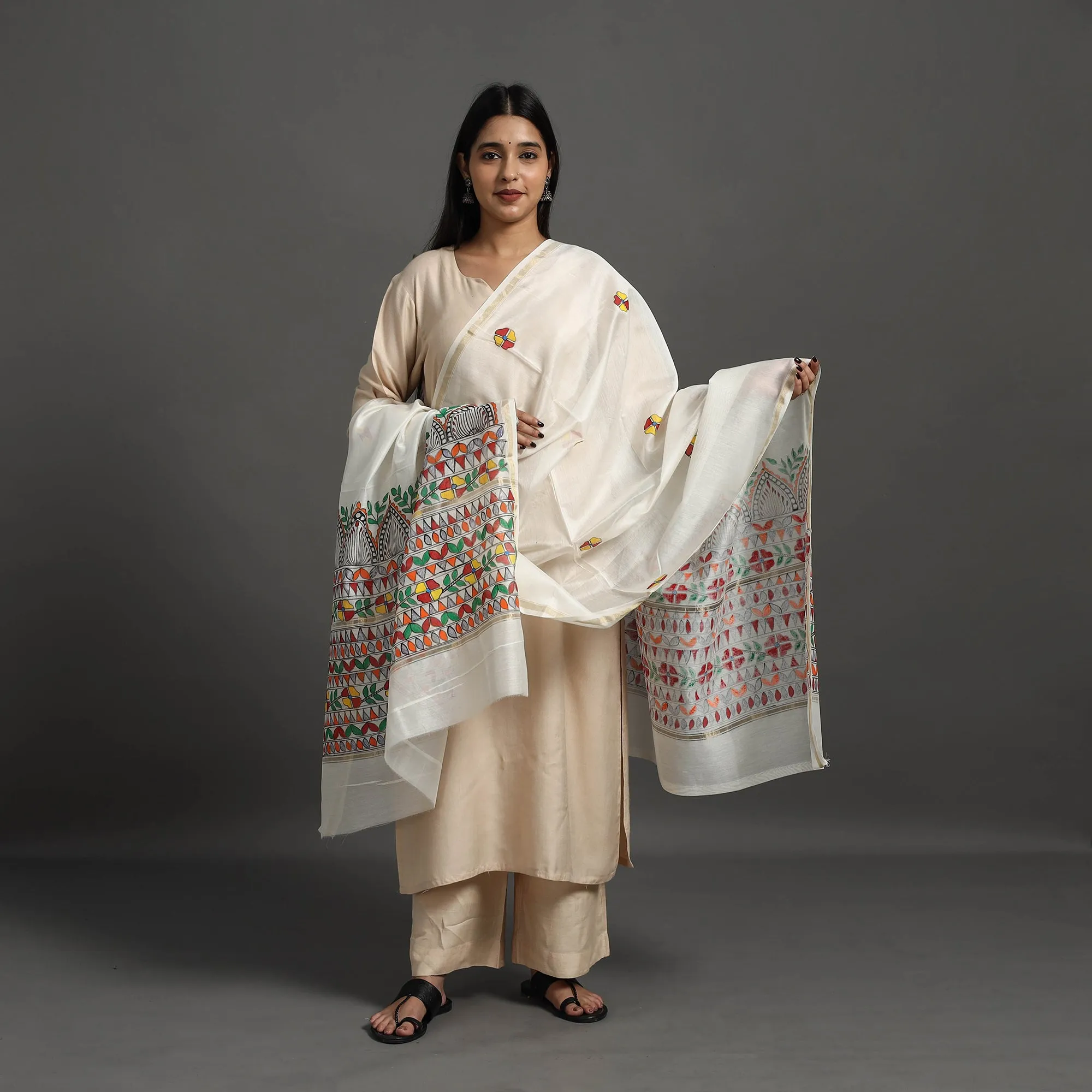 White - Handloom Chanderi Silk Handpainted Madhubani Dupatta 20