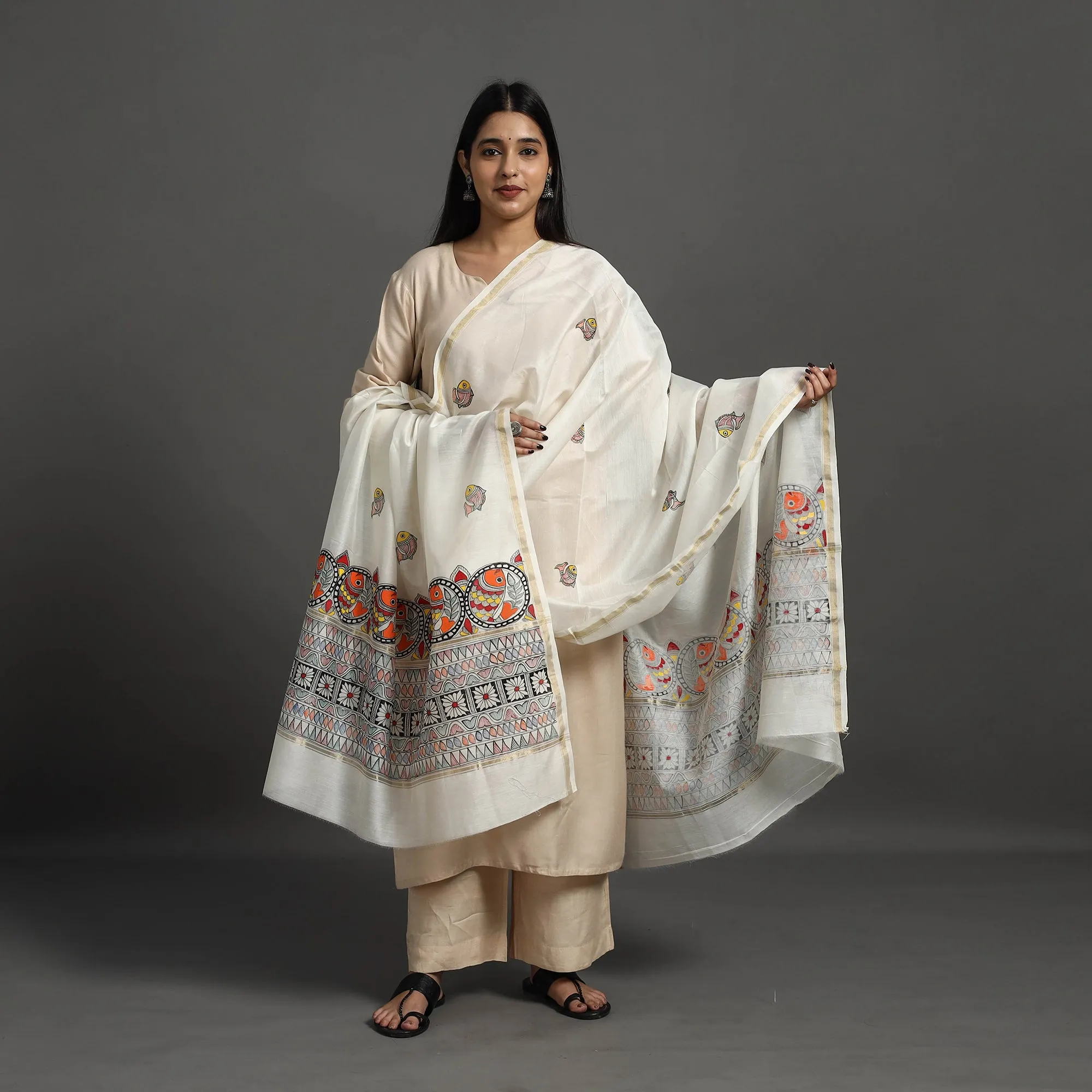 White - Handloom Chanderi Silk Handpainted Madhubani Dupatta 45