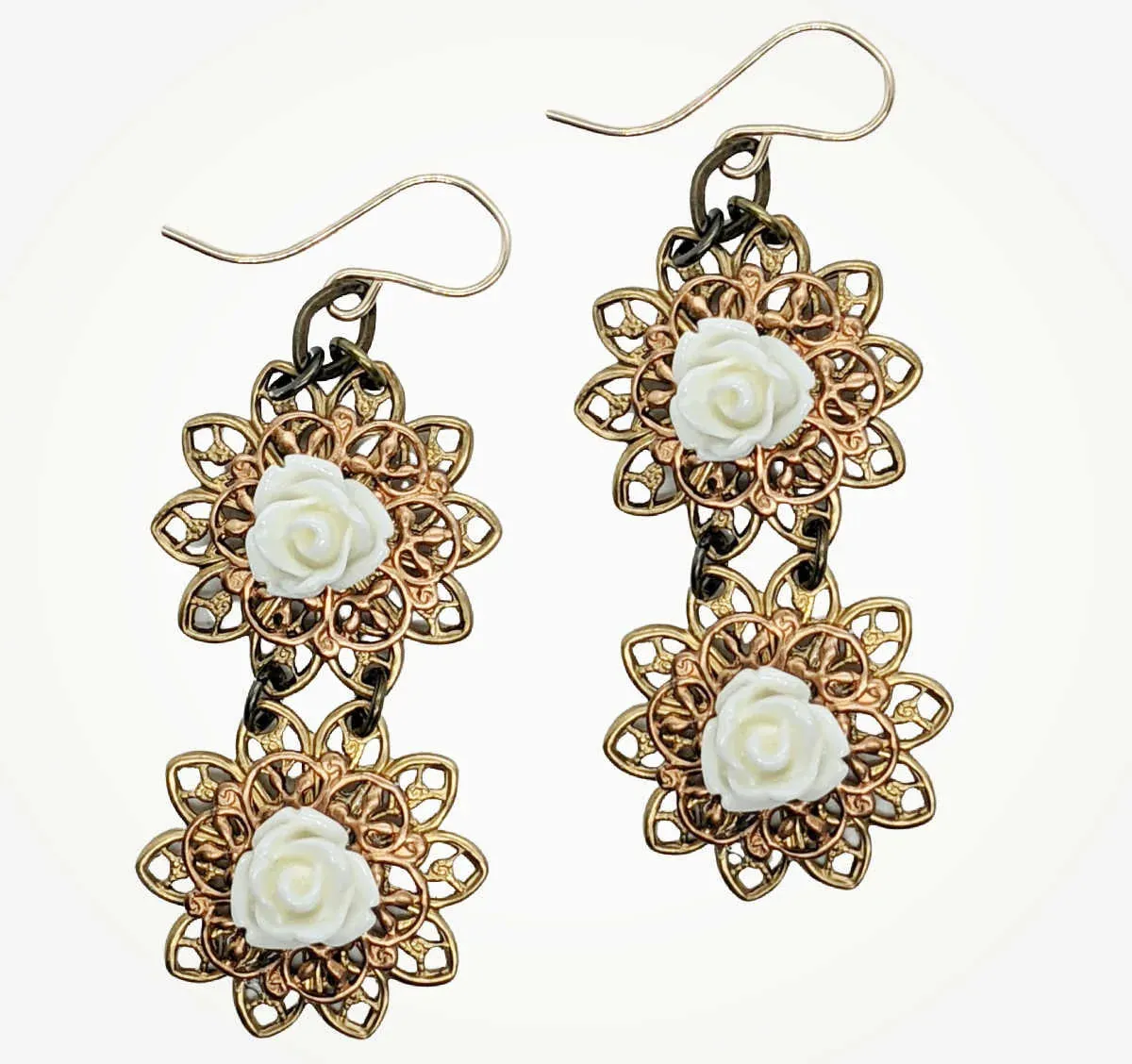 White Rose Filigree Earrings