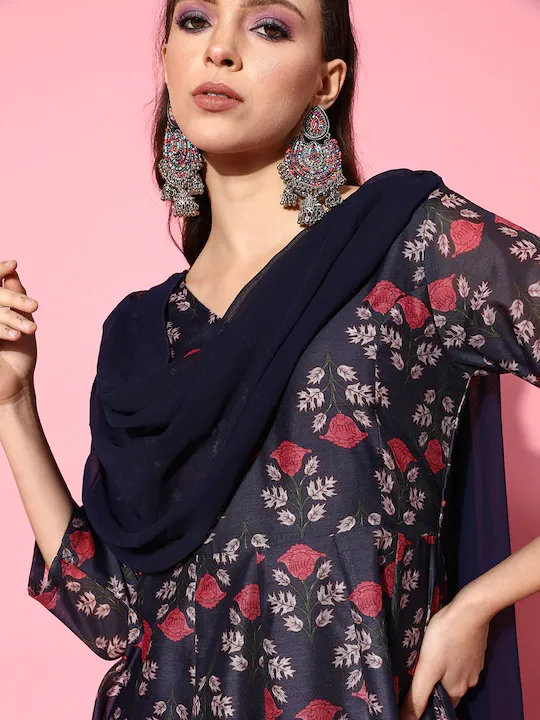 Women Navy Chanderi Floral Red Attached Dupatta Dress