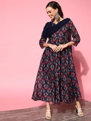 Women Navy Chanderi Floral Red Attached Dupatta Dress